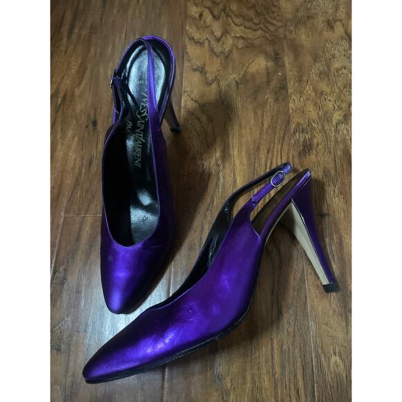 Vintage 90's YSL YVES ST. LAURENT Purple LEATHER Slingback Heels Shoes Pumps 8 - Picture 3 of 9